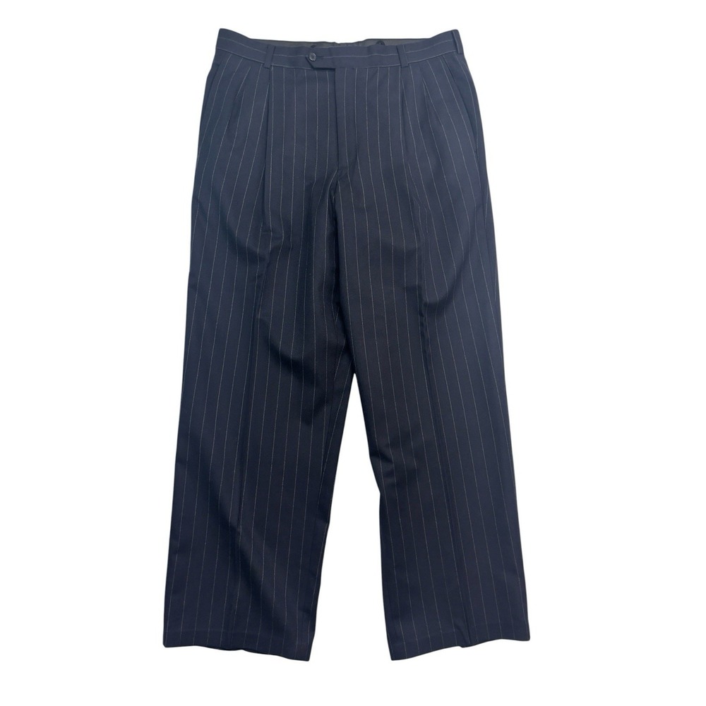 Bespoke Tailored 36x30 Navy Blue Chalk Stripe Flannel Wool Dress‎ Pants Trousers